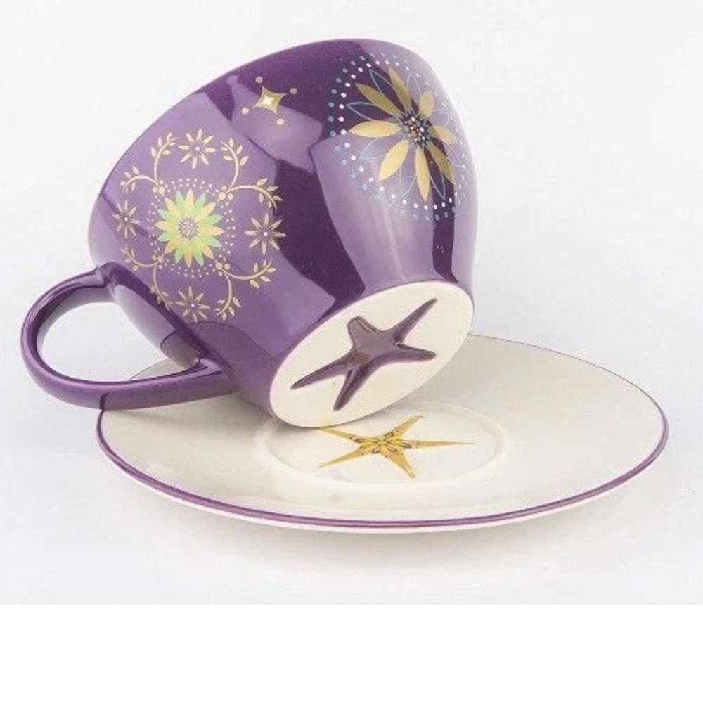 Holiday 2006 STARBUCKS Gold & Eggplant Purple Star Coffee Cup and Saucer 12 oz